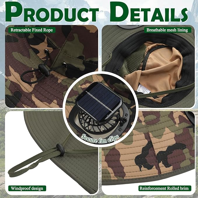 Berlune Men Sun Hat with 2 Solar Fans Wide Brim Outdoor Fishing Hat USB & Solar Powered for Sun Protection Camping Hiking