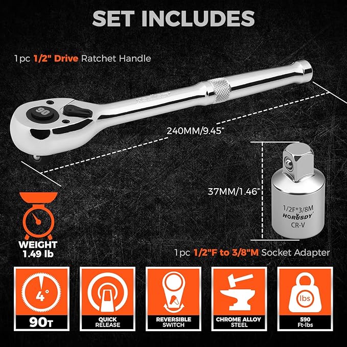 HORUSDY 1/2" Drive 90T Quick-Release Ratchet Handle, Reversible Chrome Alloy Socket Wrench with 1/2" to 3/8" Adapter, Durable and Comfortable for Automotive, DIY, Industrial and Bicycle Repairs