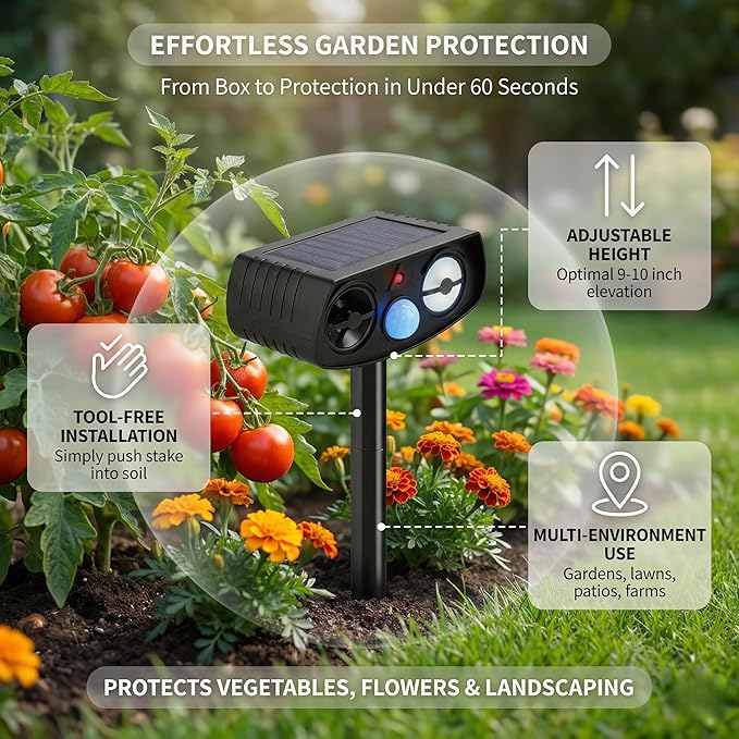 Solar Ultrasonic Animal Repeller Outdoor, Motion Sensor Waterproof Pest Deterrent, Raccoon Skunk Fox Squirrel Rabbit Dog Cat Deer Repellent for Yard Garden Farm, 33ft 120° Coverage, 2 Pack Black