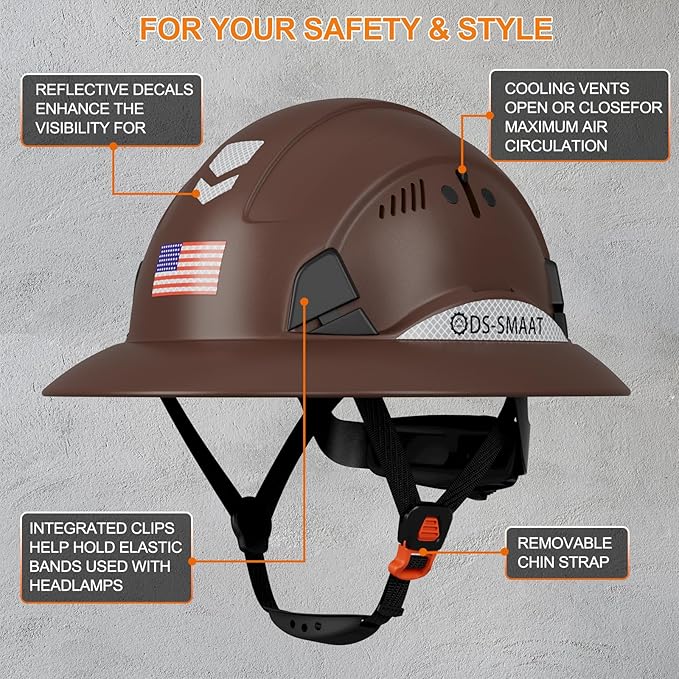 Full Brim Hard Hat ANSI Z89.1 Type 1 & OSHA Certified Safety Helmet with Glasses and Cooling Towel,with 6-Point Suspension & Adjustable Vents