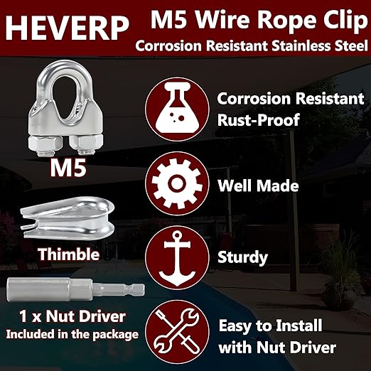 16PCS 3/16 to 1/4 Inches M5 Stainless Steel Wire Rope Clips, 8PCS M5 Thimbles