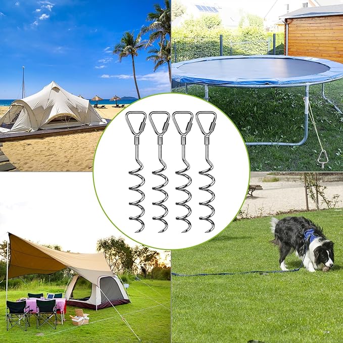 17" Heavy Duty Ground Anchors Screw in - 4 Pack Chrome Plated with Reinforced Triangle Bracket for Trampoline, Swing Set, Shed, Mobile Home, Carport - High Wind Resistance for All Soil Types