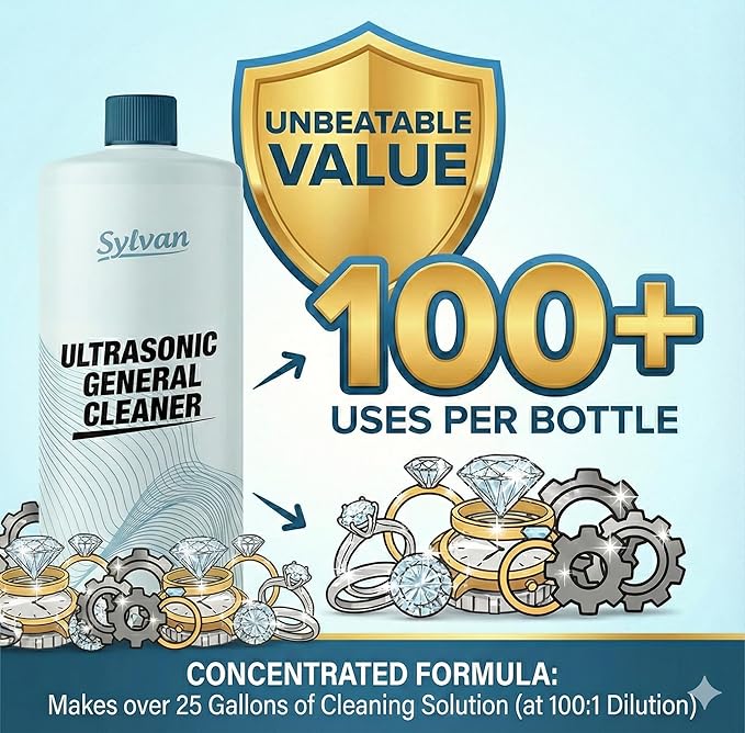 Ultrasonic Cleaner Solution Concentrate + Free Cleaning Cloth | Makes 50 Gal. | Made in The USA | For All Ultrasonic Machines | Cleaning Liquid 32 Oz.