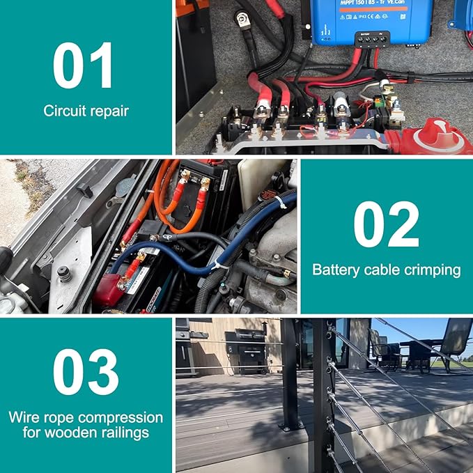 10 Tons Hydraulic Crimping Tool with 9 Dies - Battery Cable Crimper Tool & Wire Rope Crimping Tool for 12 to 2/0 AWG, 1/16" 1/8" 3/16" Stainless Steel Cable Railing Tool