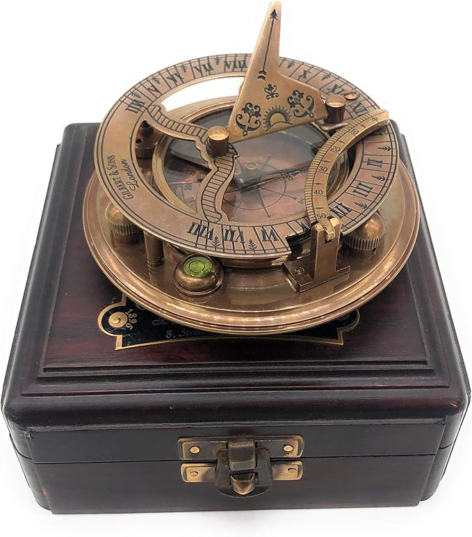 Antique Brass & Copper Sundial Compass – A Unique Gift of Elegance with Sundial Clock, Ship Replica Watch, and Presentation Box