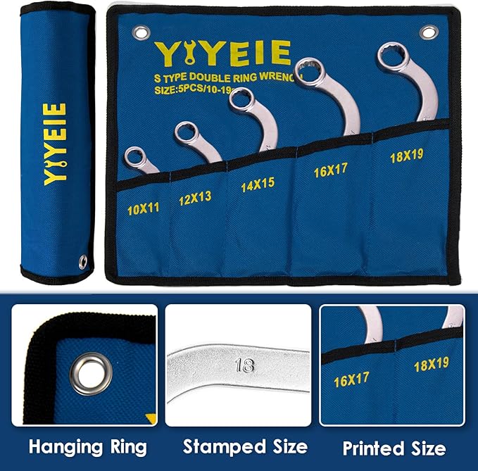 Offset S-Style Box End Wrench Set, 5-Piece, Chrome Vanadium Steel, 10x11mm, 12x13mm, 14x15mm, 16x17mm, 18x19mm