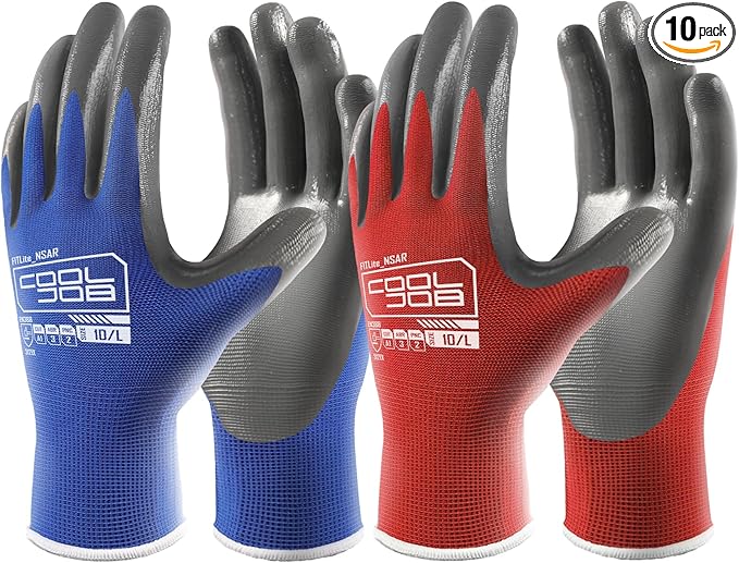 COOLJOB 10 Pairs Nitrile Dipped Safety Work Gloves with Grip, Non-slip Rubber Coated Bulk Garden Gloves for Men, Heavy-duty Oil Resistant for Truck Driver, Warehouse Box Handler, Xlarge, Red Blue