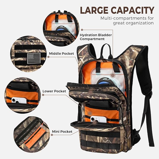 Tactical Hydration Backpack with 2L Water Bladder and Front Small Tactical Pouch, Outdoor Water Backpack for Men Women, Sports Hydration Pack for Hiking, Cycling, Climbing
