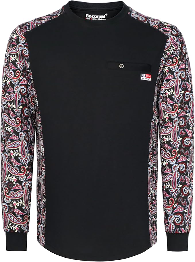 BOCOMAL FR Shirts Crewneck 5.5oz Lightweight Cotton Paisley Camo Two-Tone Flame Resistant Long Sleeve CAT2 Work Shirt