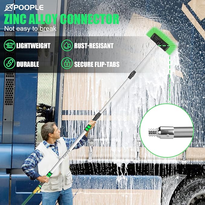 11' Car Wash Brush with Long Handle, 12-inch Flow-Thru Soft Bristle Car Cleaning Brush with Extendable Handle and Hose Attachment for Car, RV, SUV, Truck, Boat, House Siding, Solar Panels,Green