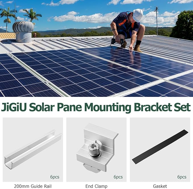 JiGiU 6PCS Solar Panel Mounting Bracket Kits with 7.87 in Aluminium Solar Panel Mounting Rail 30mm/35mm Solar Panel End Clamps Solar Panel Z-Bracket for Metal Roof, Tin Roof, Flat Roof, Sheet Roof