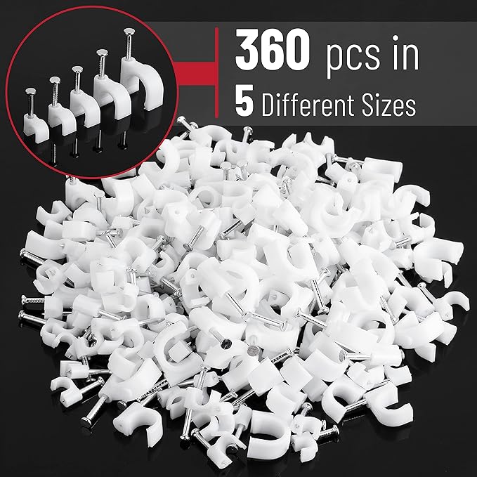 Bates Cable Clips with Steel Nails - White, 360 pcs, 4mm-10mm, Universal Cable Clips