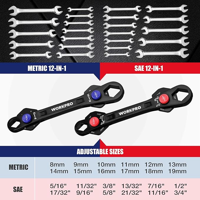 WORKPRO 2-Piece 12-in-1 Universal Adjustable Wrench Set, 8-19mm Metric & 5/16"-3/4" SAE Multi-Size Wrenches with Heat-Treated Cr-Mo Steel, ASME Standard, Multi-Position Head, for Home, Workshop, DIY