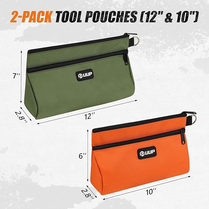 12 10" Small Tool Pouch 2 Pack, Zipper Tool Bag 2 Compartments, Utility Hand Bag with D-Ring, Toolbox Organization, Screwdriver Dril Storage Tool Box, Mechanic Men Dad Gifts, Orange/Green