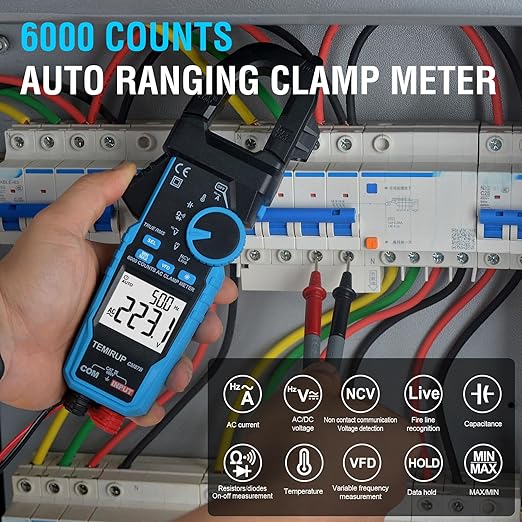 Digital Clamp Meter Multimeter - TEMIRUP Auto-ranging 6000 Counts Amp Voltage Tester with D-Shaped Jaw VFD Mode, Measuring NCV, AC/DC Voltage AC Current Temperature Capacitance Resistance Continuity