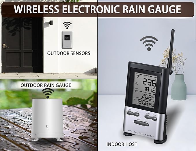 Wireless Rain Gauge Outdoor with Thermometer, Digital Rain Gauges Outdoors Best Rated with Self-Emptying & Freeze Proof, Accurate Remote Rain Measure Gauge, Automatic Outside Rain Gauge for Yard
