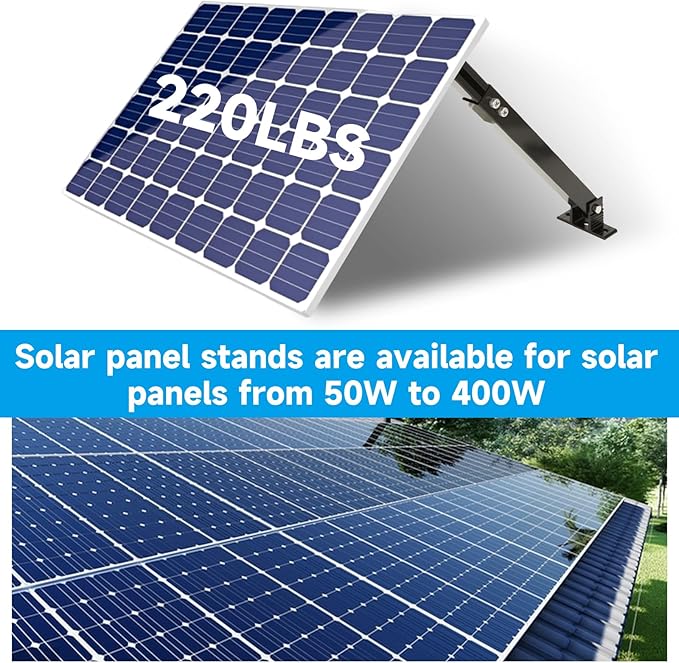 Adjustable Solar Panel Tilt Mount Brackets Aluminum Alloy Solar Panel Mounting Support up to 50 70 100 150 200 300 400 Watt Solar Panel for Flat Surface Roof RV Boat Off-Grid (Mount Only) BLACK-2SET