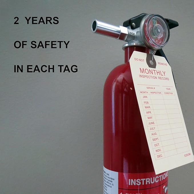 Fire Extinguisher Monthly Inspection Tags - 4 3/4" x 2 3/8" - Box of 100 Manila Service Tags with Wire Ties Attached for Indoor Only