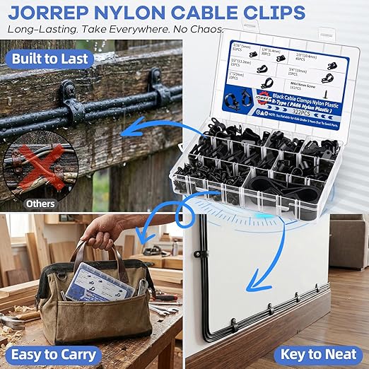 322PCS Black Cable Clips R-Type Nylon Wire Clips Assortment Kit 6 Sizes 3/16" 1/4" 3/8" 1/2" 3/4" 1" Cable Clamps with M4 Screws for Wire Managemen, Office, Garage
