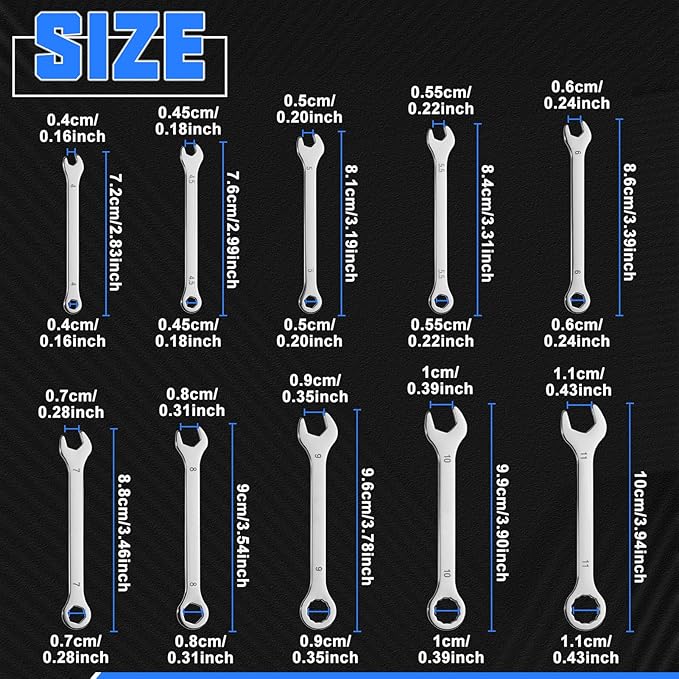 10Pcs Ultra-Thin Standard Metric 4mm-11mm Mini Wrench Set Stainless Steel Combination Wrenches Open End and Box End Combination Wrench Ignition Wrenches with Circle Ring,Gate Clip in Pouch