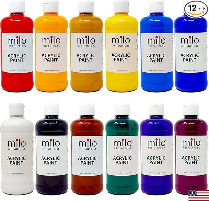 milo Acrylic Paint Set of 12 Colors | 16 oz Bottles | Student Primary Colors Acrylics Painting Pack | Made in the USA | Non-Toxic Arts & Crafts Paints for Artists & Hobby Painters