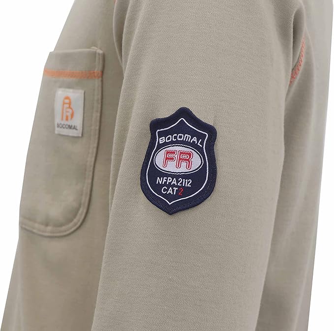 BOCOMAL FR Shirts Flame Resistant Henley Shirt NFPA2112/CAT2 7oz Men's Long Sleeve Fire Retardant Clothing