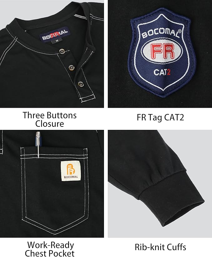 BOCOMAL Men's FR Henley Shirt Flame Resistant 5.5oz Cotton Long Sleeve Workwear UL NFPA2112 CAT2 Welding Tee