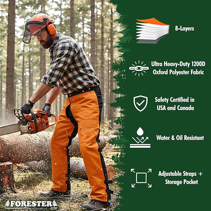 FORESTER Chainsaw Chaps for Men & Women | Apron-Style Chaps with Pocket & Adjustable Waist | Chainsaw Safety Equipment