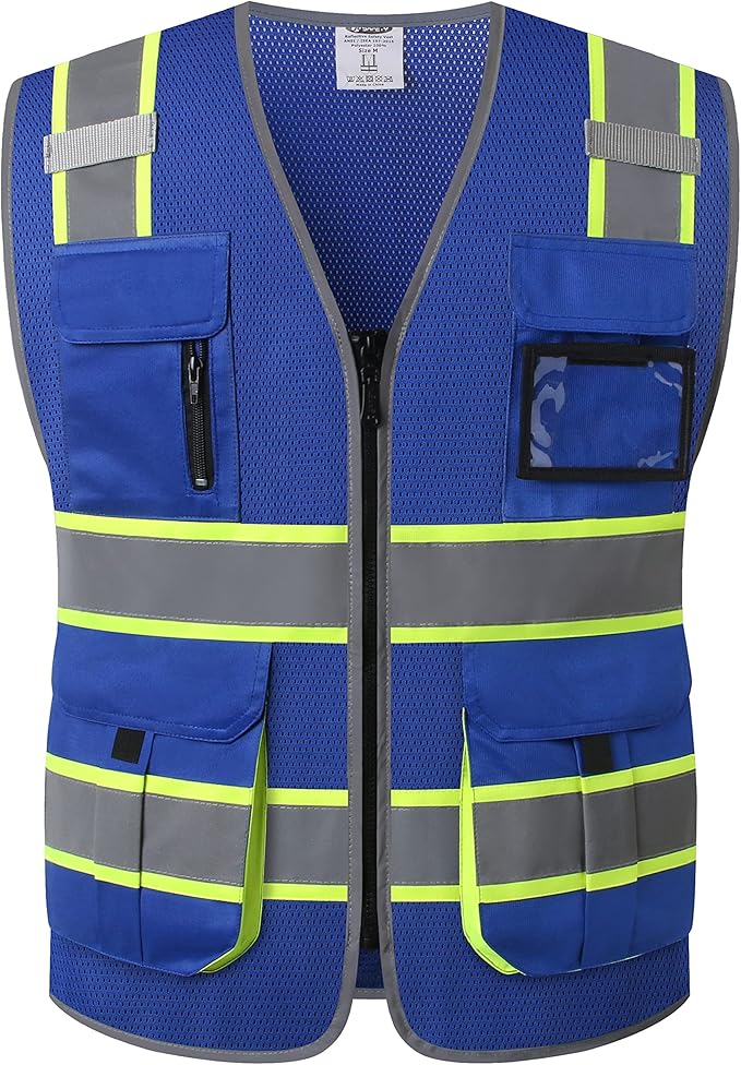 JKSafety 9 Pockets Hi-Vis Mesh Safety Vest for men and women | Chaleco reflectante de seguridad | Zipper Front | Multiple Pockets | Class 1 (140-Blue M)