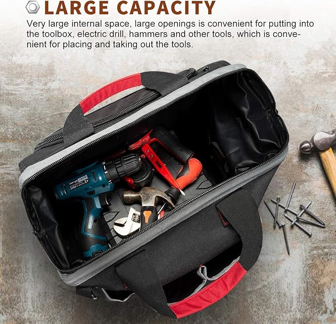 Tool Bag, Waterproof Tool Bags for Men or Women, 16-inch Wide Mouth Tool Bag Organizer with 25 Pockets for Tool Storage Bag, with Adjustable Shoulder Strap (Black/Red)