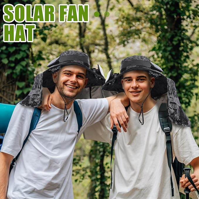 Chuarry Wide Brim Sun Hat with 2 Fan Outdoor Solar Powered USB Charging Fishing Hat with Neck Flap for Men Women