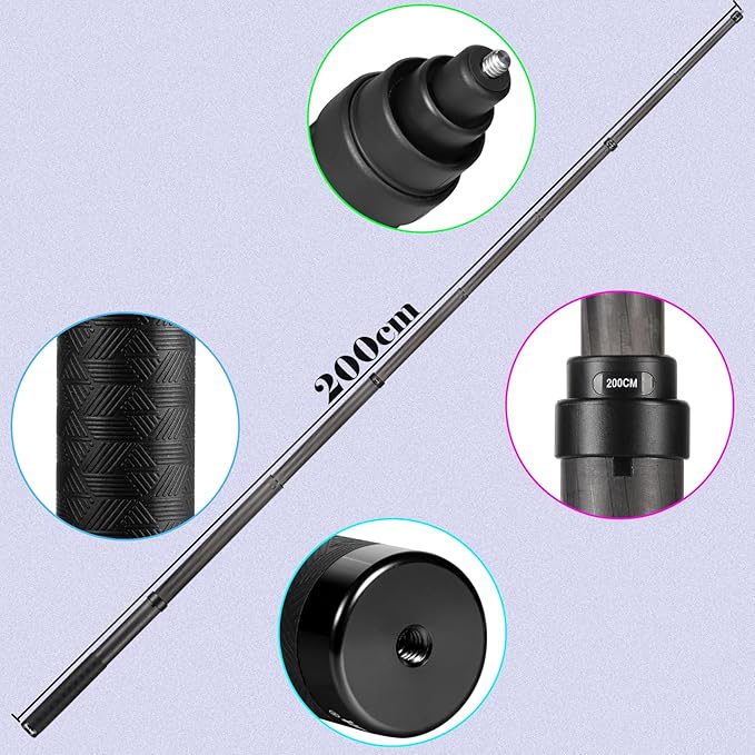 33cm Extended to 2m Long True Carbon Fiber Super Long Extend Invisible Selfie Stick for insta360 X5 x4 Insta 360 X5 x4 x3 x2 x one r rs for DJI OSMO 360 Camera Accessories (Black)