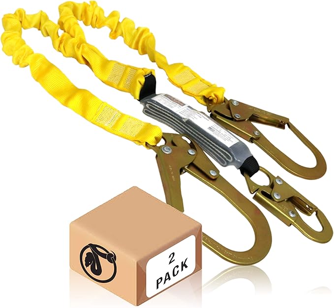 KwikSafety - Charlotte, NC -PYTHON [2 PACK] External Shock Absorber Double Leg 6ft Safety Lanyard OSHA ANSI Fall Protection Restraint Equipment Snap Rebar Hook Construction Arborist Roofing