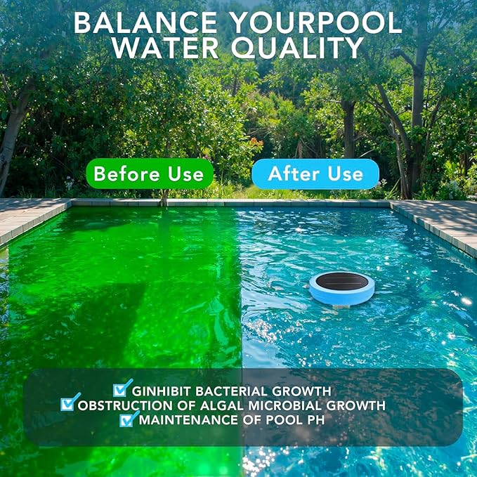 Solar Pool Ionizer - Enhanced with Latest Solar, 90% Less Chlorine, for Pools up to 45,000 Gal, Technology & Longer-Lasting Anode, Reduces Chlorine- Mineral-Based Pool Cleaning Device (Blue)