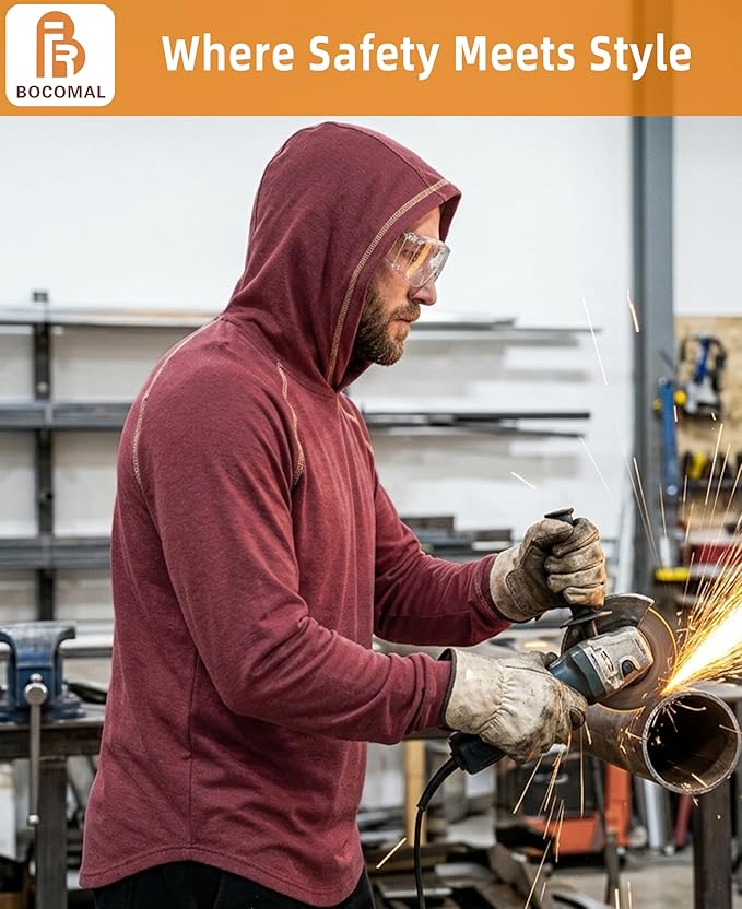 BOCOMAL FR Hooded T Shirts Heather Series 6oz Flame Resistant NFPA2112 CAT2 Fire Retardant Hoodies Work Shirt