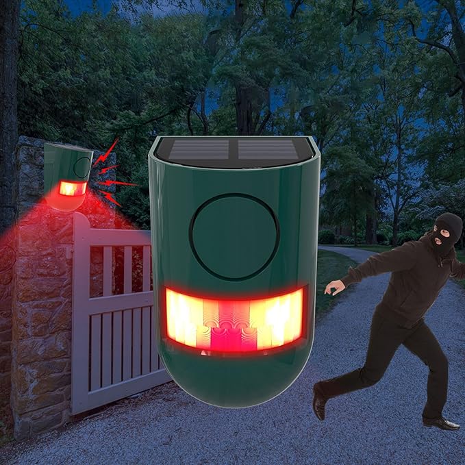 Solar Outdoor Motion Sensor Alarm, 130 dB Siren Sound Alert & 6 LEDs Flash Warning Strobe Motion Activated Alarm for Farm Yard, 4 Pack
