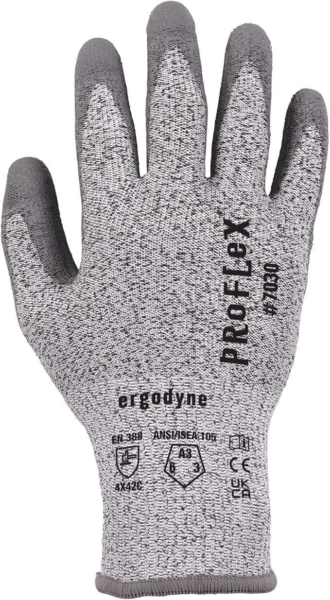 Ergodyne ProFlex 7030 Cut Resistant Work Gloves, ANSI A3, PU Coated Palms for Flexible No Slip Grip, Abrasion Resistant, 13g,Gray, 2X-Large
