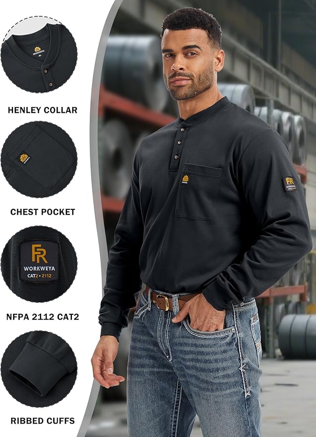 WORKWEYA 6.5oz Flame Resistant Henley Shirt 100% Cotton Lightweight FR Shirts for Men