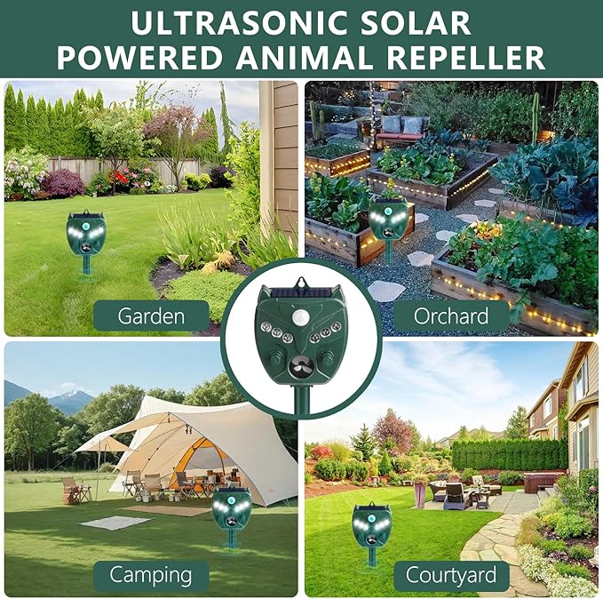 2 Pack 2026 Upgraded Solar Ultrasonic Animal Repellent Outdoor – Motion Activated Deer, Squirrel, Cat, Raccoon, Dog & Bird Deterrent with Multi-Frequency LED Strobe & Ultrasonic Sweep for Yard Garden
