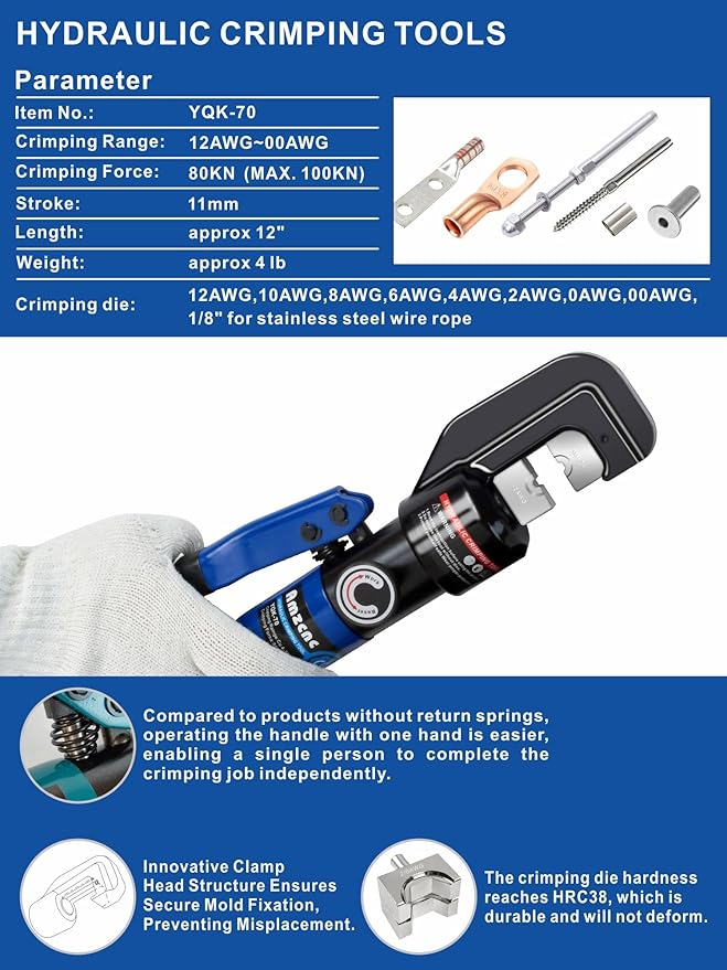 AMZCNC Hydraulic Crimping Tool and Cable Cutter Hydraulic Cable Lug Crimper 10 US TON 12 AWG to 00 (2/0) Electrical Terminal Cable Wire Tool Kit with 9 Die