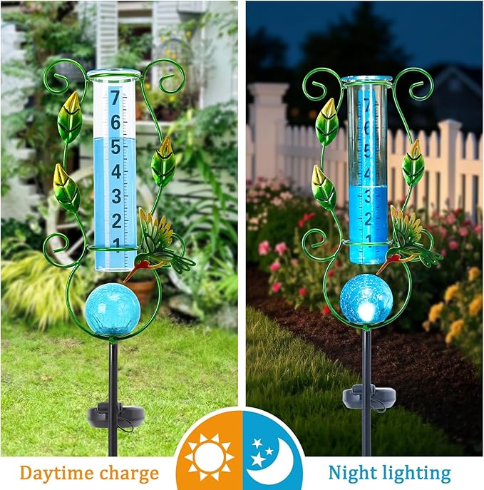 WONDER GARDEN Solar Rain Gauge Outdoor, Hummingbird Decorative Rain Gauges Outdoors Best Rated with Blue Crackled Glass Ball, Freeze Proof Water Rain Measure Gauge for Yard Patio Lawn Decor