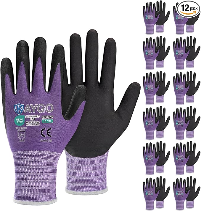 KAYGO Safety Work Gloves MicroFoam Nitrile Coated, 12 Pairs KG18NB,Seamless Knit Nylon Glove for Men and Women, Ideal for Automotive,Warehouse,Construction (XL, Purple)