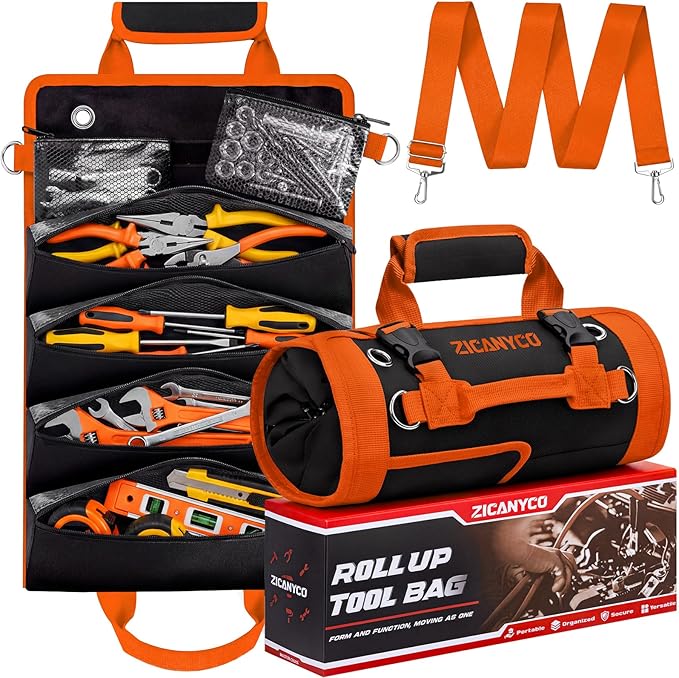 Roll Up Tool Bag, Heavy Duty See-Through Tool Roll Organizer with 2 Detachable Pouches, Portable Mechanic & Motorcycle Tool Bag, Birthday & Father’s Day Gift, Orange