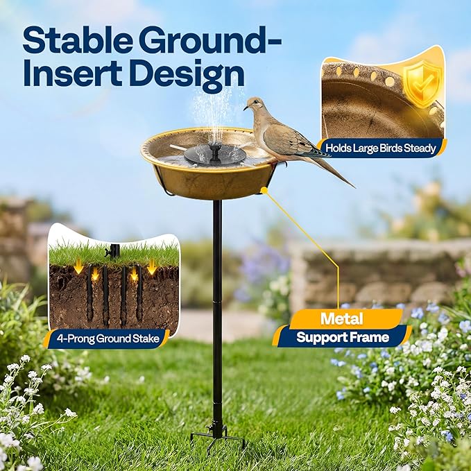VIVOHOME Bird Bath with Solar Fountain for Outside, Weather-Resistant ABS Birdbath Bowl with Solar Powered Pump, Metal Ground Stake for Outdoor, Garden, 1.45 Gallons, Copper