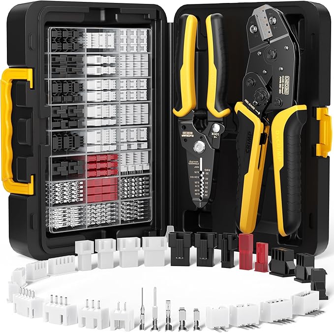Crimping Tool JST Connector Kit, 29 Types of JST-XH/SM/SYP 2.5mm Connectors, with 32-20 AWG Ratchet Crimping Pliers and Wire Strippers, for JST, Dupont, KF2510, Molex, AMP EI-Serie