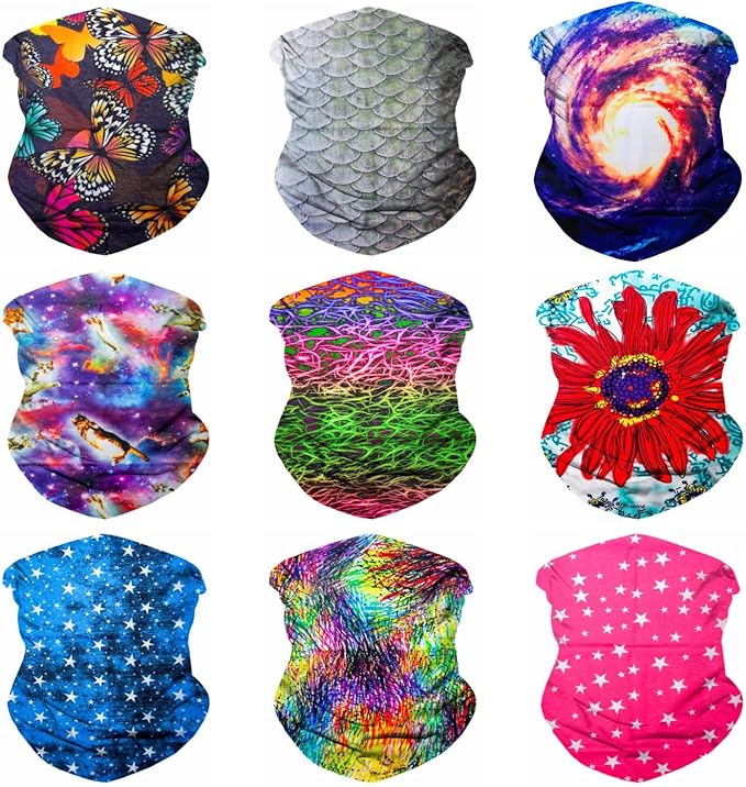 Sojourner Neck Gaiter, Bandana, Buff (9 Pack) - Face Cover for Men, Women, and Teens - Neck Warmer UV Sun Protection Gator