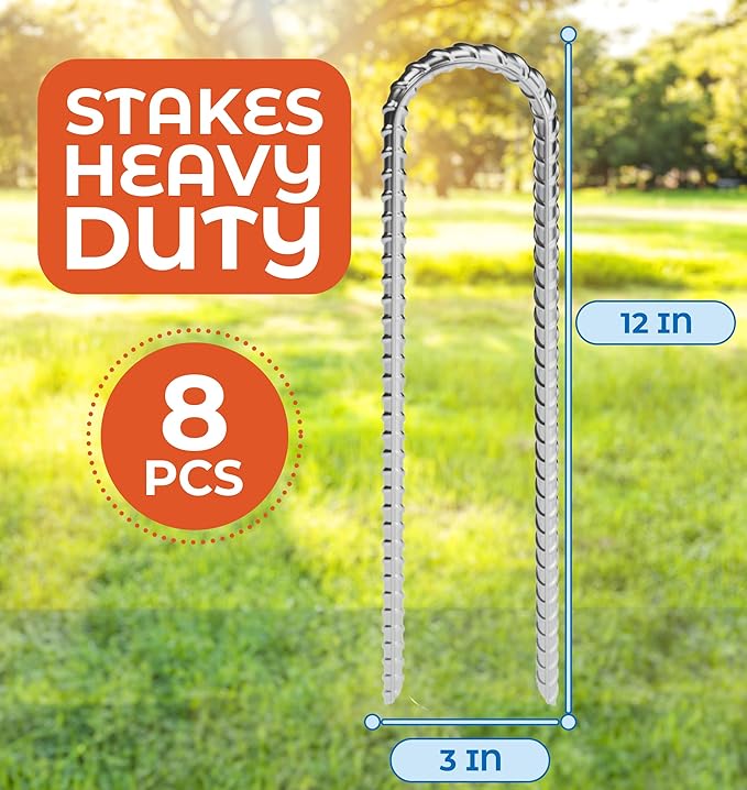 Happin® Trampoline Stakes, Trampoline Accessories, Ground Stakes Heavy Duty, Ground Anchors Screw in, Rebar Stakes, Tent Anchors, Yard Spikes, Galvanized Steel (8 Pack, Silver)