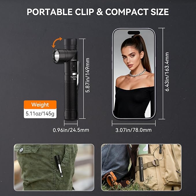 T05 EDC Tactical Flashlight Rechargeable, 1500 High Lumen 90 Degree Work Light with Magnet, 6 Mode Super Bright Small LED Flashlight for Work Maintenance, Outdoor, and Emergency Situations
