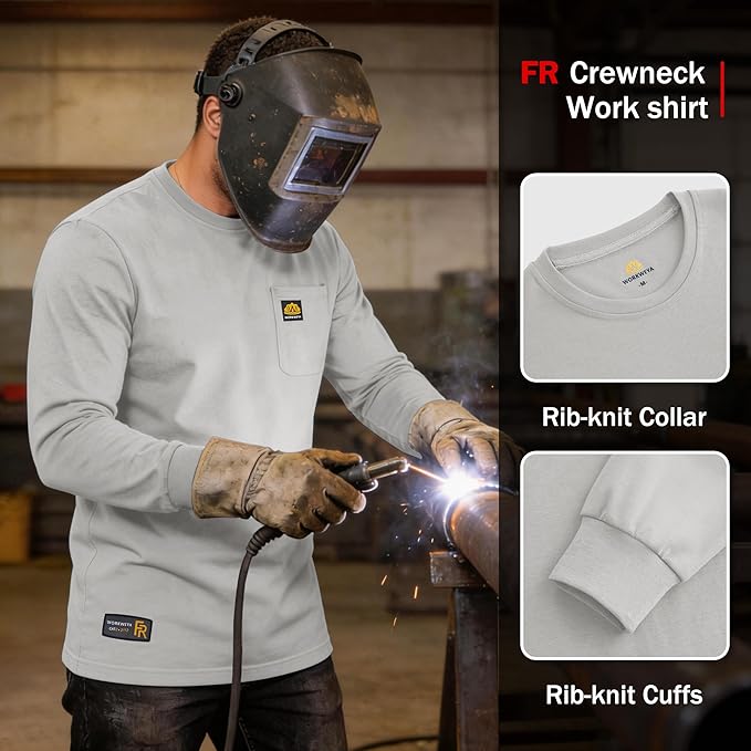 WORKWEYA Men's FR Shirts 6.5oz Lightweight Long Sleeve Flame Resistant T-Shirt NFPA 2112/CAT2
