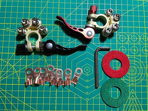 Battery Terminal Connectors 4 Pieces, Battery Terminal Cleaner, Copper Wire Lugs, Fiber Washers, Hex Wrench, Battery Terminals, Quick Disconnect Quick Release, for SAE/JIS Type A Posts